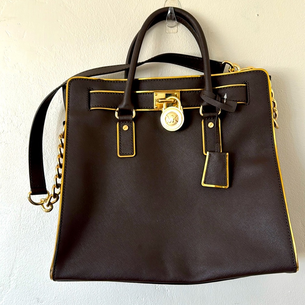 NWT MK BROWN Large Brown Bag w/Gold Trim and Chain Strap-Hamilton Speccio